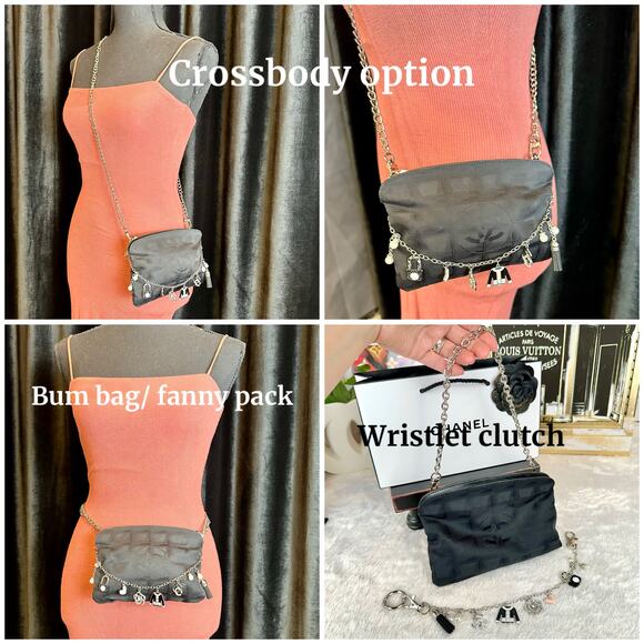 CHANEL Black Canvas New Travel Line Pouch wristlet, Crossbody Bag with Chains - Picture 2 of 16